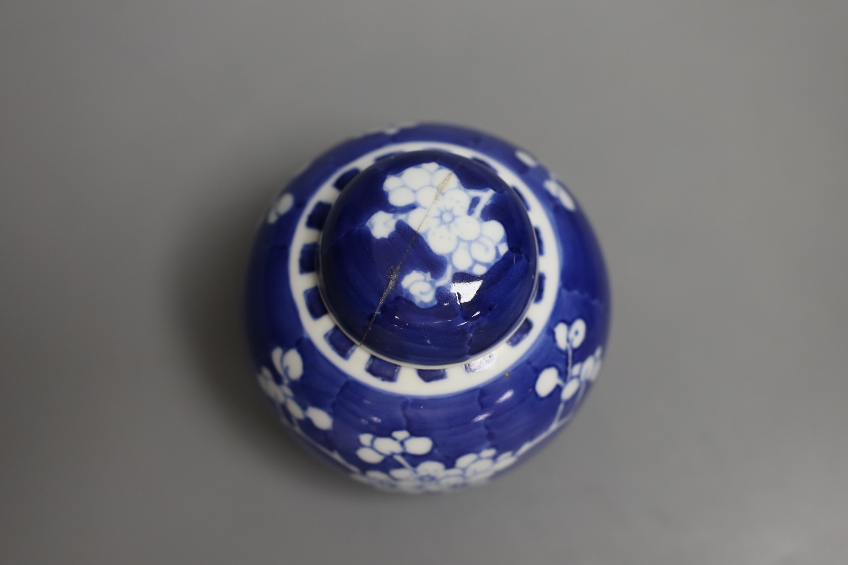 Three Chinese blue and white prunus blossom jars, tallest 17cm